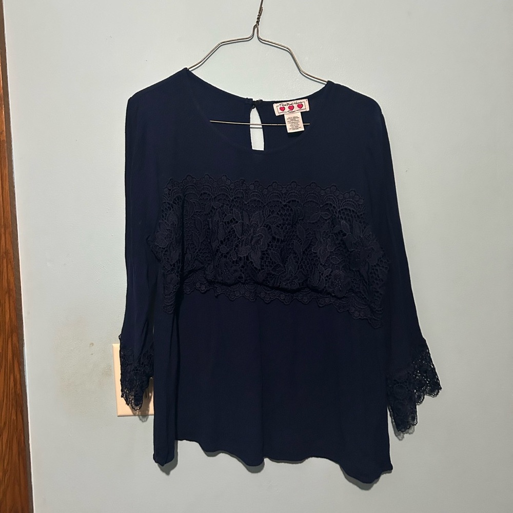 Three Hearts Blue Crochet Detailed 3/4 Sleeve Blouse